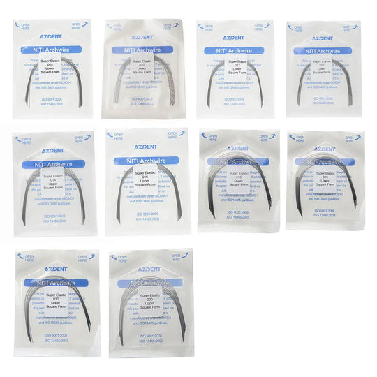 Archwire NiTi Super Elastic Square Round Full Size 10pcs/Pack: Multiple packages of dental orthodontic archwires in various sizes, showcasing the product range for different dental applications. Each package contains super elastic NiTi wires for optimal orthodontic treatment.