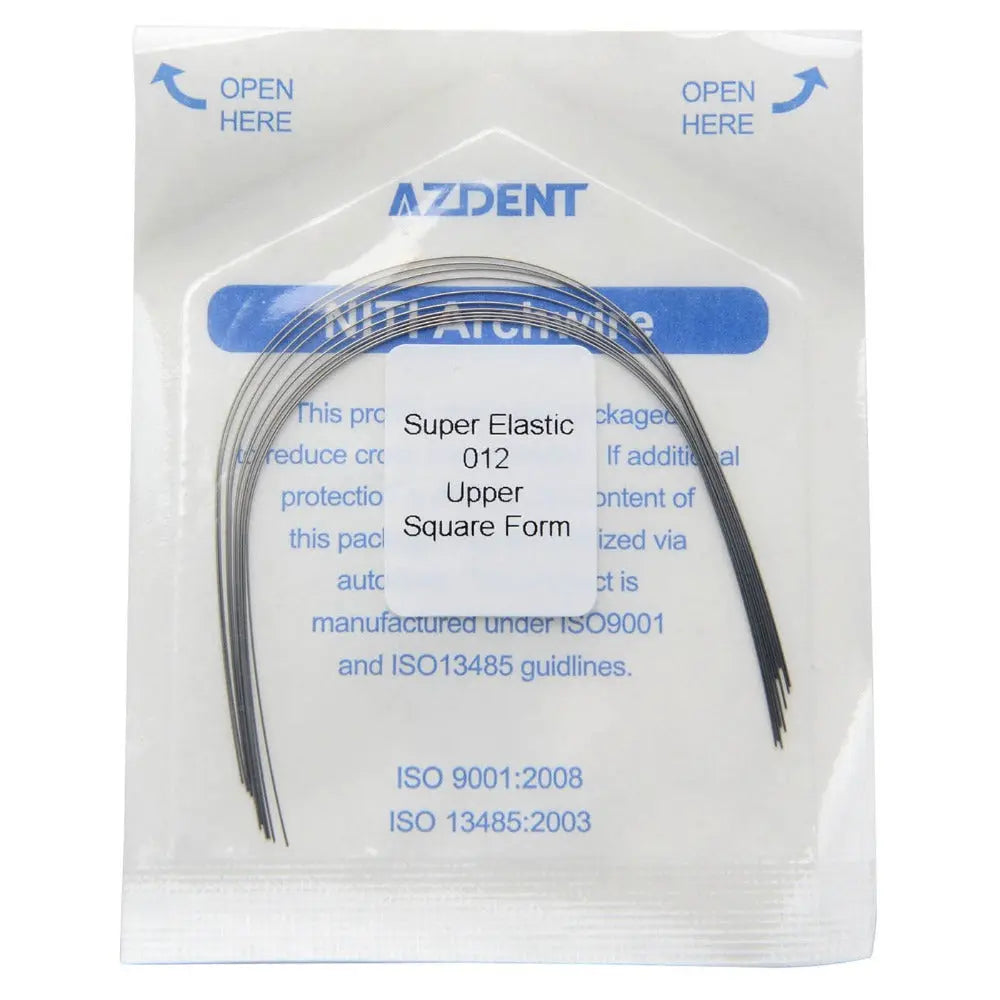 Archwire NiTi Super Elastic Square Round Full Size 10pcs/Pack: Dental orthodontic archwire in sealed package. AZDENT brand, super elastic 012 upper square form. ISO certified product visible through clear packaging with blue text details.