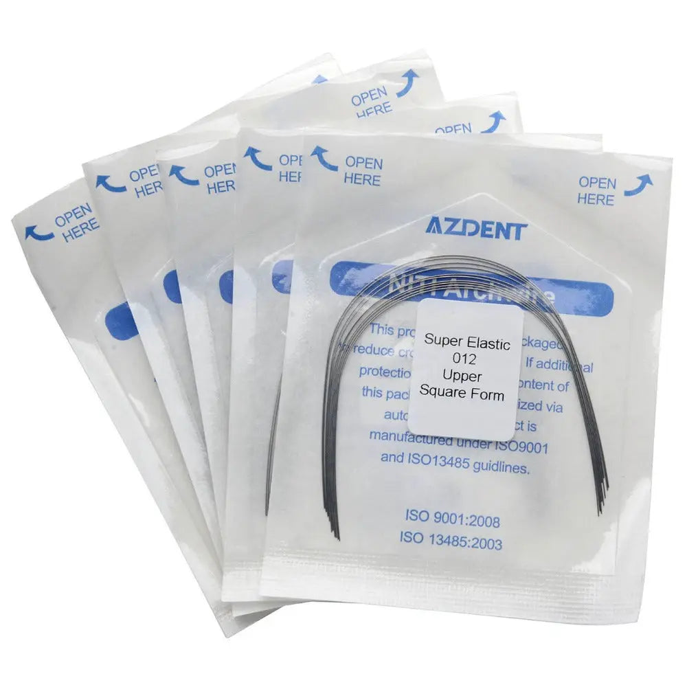 Archwire NiTi Super Elastic Square Round Full Size 10pcs/Pack: Multiple sealed dental orthodontic archwire packages from AZDENT, displaying product information and sizes for various upper and lower dental applications.