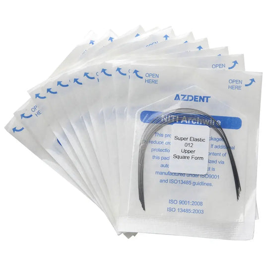 Archwire NiTi Super Elastic Square Round Full Size 10pcs/Pack: Sealed packages of dental orthodontic archwires displayed in a fan-like arrangement. Each transparent packet contains a curved, thin metal wire visible through the packaging, with blue product information printed on the surface.