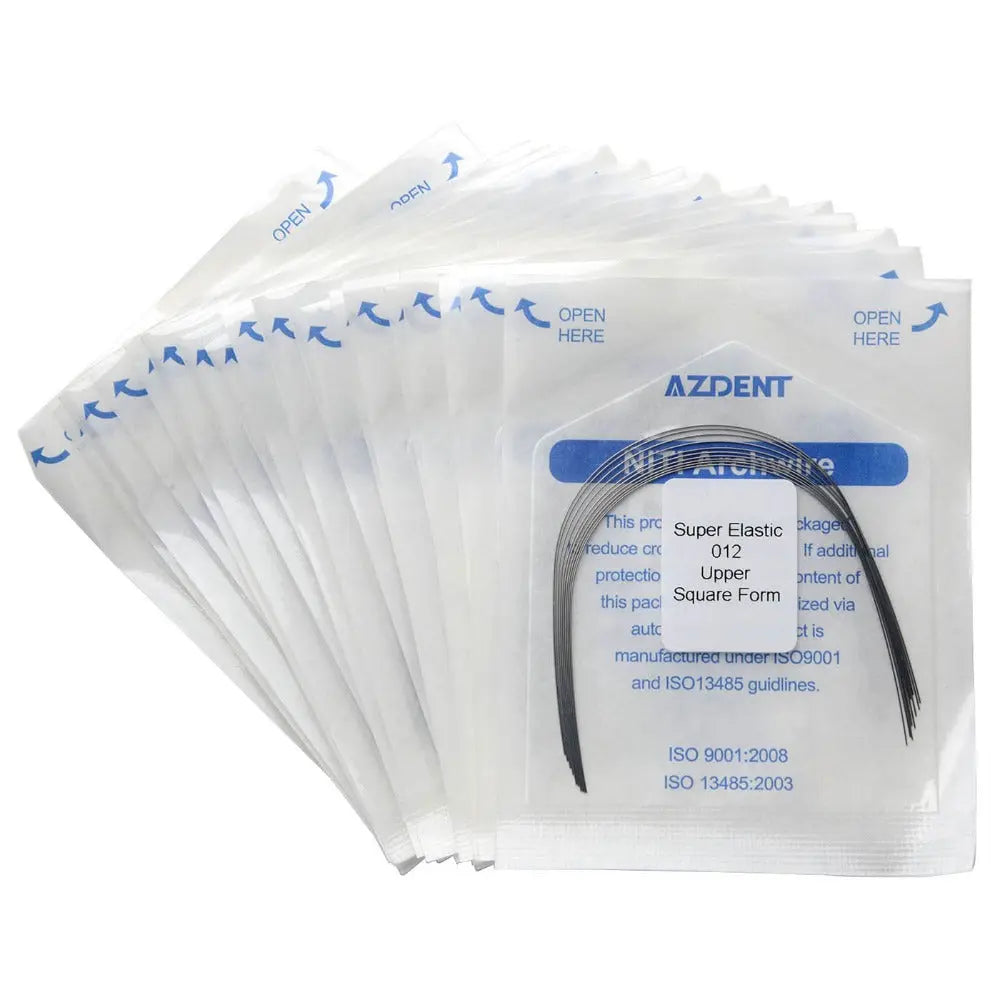 Archwire NiTi Super Elastic Square Round Full Size 10pcs/Pack: Multiple sealed packages containing dental orthodontic archwires, labeled with product details and blue arrows indicating opening instructions. White background with clear plastic packaging revealing curved wire inside.