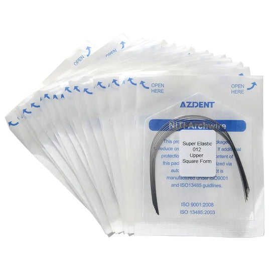 Archwire NiTi Super Elastic Square Round Full Size 10pcs/Pack: Multiple sealed packages containing dental orthodontic archwires, labeled with product details and blue arrows indicating opening instructions. White background with clear plastic packaging revealing curved wire inside.