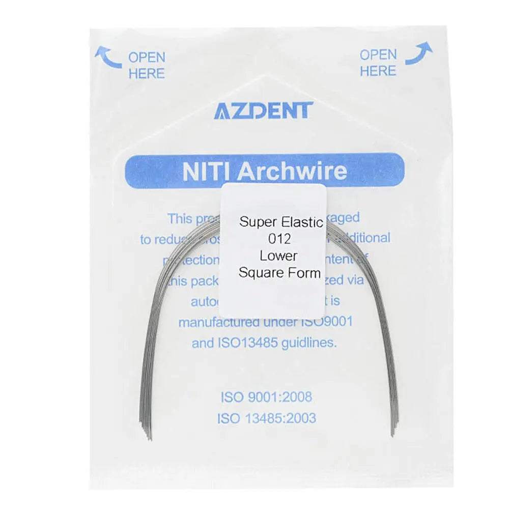 Archwire NiTi Super Elastic Square Round Full Size 10pcs/Pack: Dental orthodontic NiTi archwire package showing curved wire samples and product information for lower square form, super elastic 012 size, with ISO certification details visible