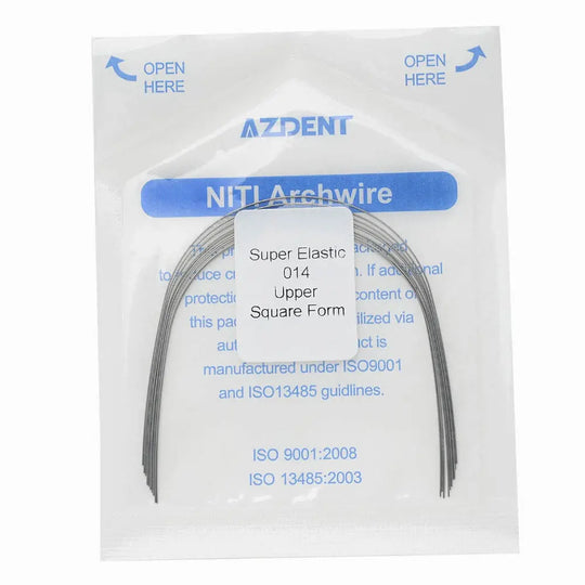 Archwire NiTi Super Elastic Square Round Full Size 10pcs/Pack - AZDENT dental orthodontic NiTi archwire package, showing super elastic 014 upper square form wire, with product details and ISO certifications visible on the packaging.