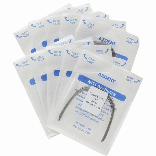 Archwire NiTi Super Elastic Square Round Full Size 10pcs/Pack: Multiple sealed packets of dental orthodontic archwires arranged in a fan-like display. Each packet is labeled with "AZDENT" and "NiTi Archwire" in blue text, showing various sizes and types available for orthodontic treatments.