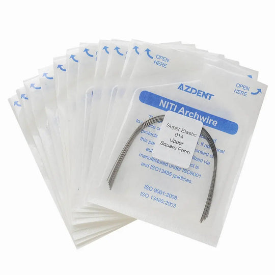 Archwire NiTi Super Elastic Square Round Full Size 10pcs/Pack: Multiple sealed packages containing dental orthodontic NiTi archwires, displaying product details and a visible wire sample. Packaging shows AZDENT brand and NiTi Archwire labeling.