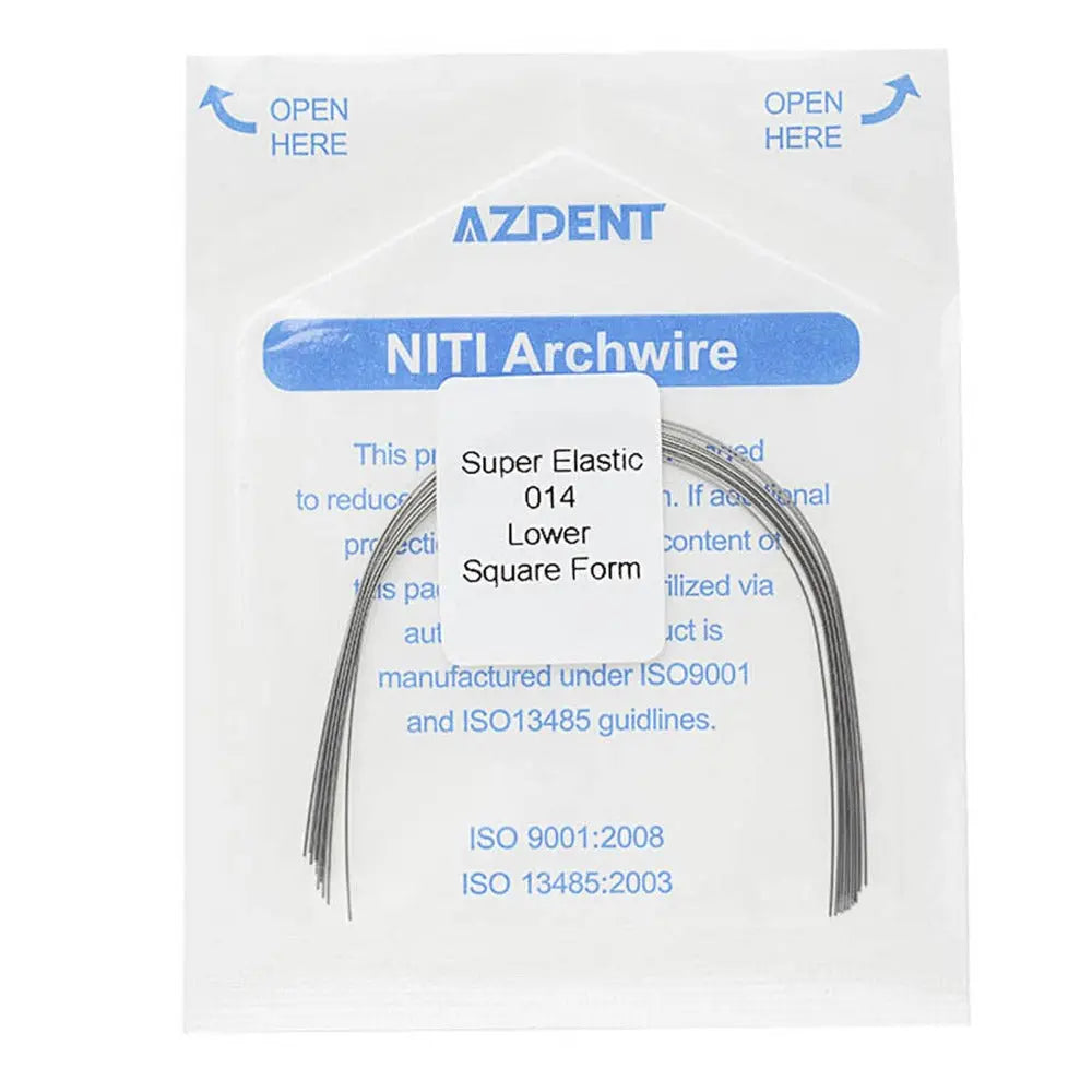 Archwire NiTi Super Elastic Square Round Full Size 10pcs/Pack - AZDENT NiTi Archwire package displaying super elastic 014 lower square form orthodontic wire. Product details visible on white packaging with blue text, showcasing ISO certifications and dental archwire specifications.