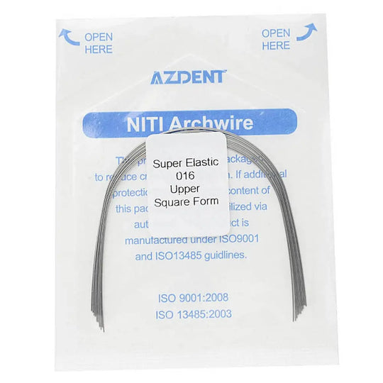 Archwire NiTi Super Elastic Square Round Full Size 10pcs/Pack: AZDENT NiTi Archwire package showing super elastic 016 upper square form dental orthodontic wire, with ISO certifications visible on white packaging