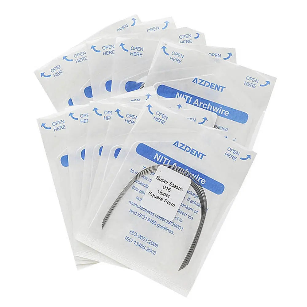 Archwire NiTi Super Elastic Square Round Full Size 10pcs/Pack displayed in multiple sealed dental product packages, showcasing AZDENT brand NiTi Archwire with visible product details and specifications on each package.