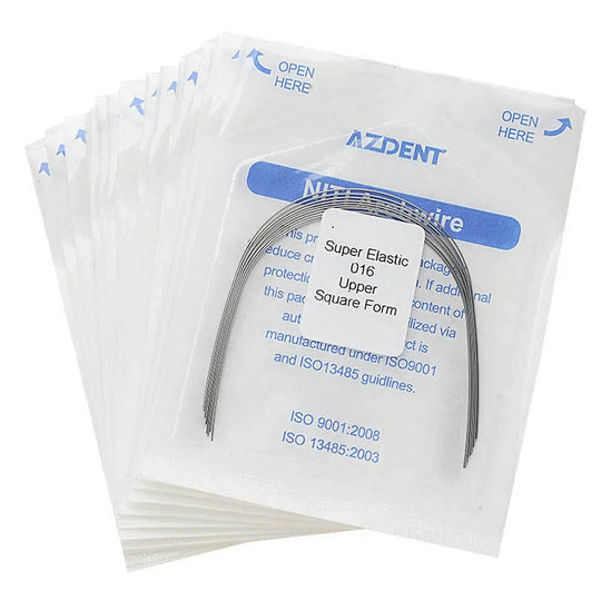 Archwire NiTi Super Elastic Square Round Full Size 10pcs/Pack: Dental orthodontic archwires in sealed packages. Image shows multiple white packets with blue text, containing super elastic NiTi wires for upper and lower dental arches. Visible archwire sample in curved U-shape.