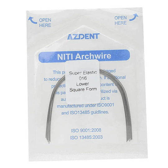 Archwire NiTi Super Elastic Square Round Full Size 10pcs/Pack: AZDENT NiTi Archwire package showing super elastic 016 lower square form orthodontic wire, ISO certified, with blue text on white packaging indicating opening instructions