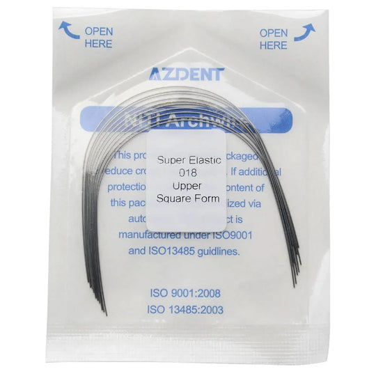 Archwire NiTi Super Elastic Square Round Full Size 10pcs/Pack: Sealed package of dental orthodontic archwires, labeled AZDENT, showing super elastic .018 upper square form wires. ISO certified product with clear packaging instructions.