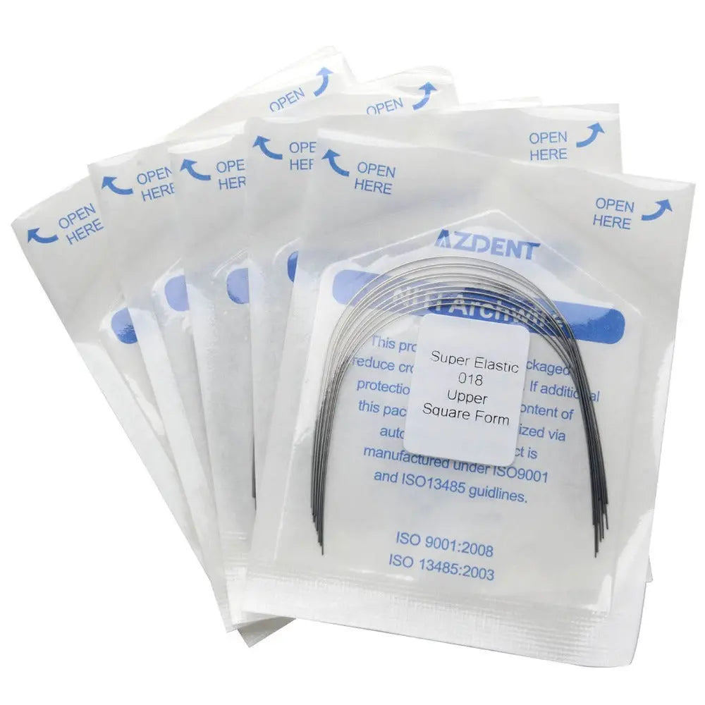 Archwire NiTi Super Elastic Square Round Full Size 10pcs/Pack: Multiple sealed packages of dental orthodontic archwires, labeled AZDENT, with visible coiled wires inside. Packages show product details and ISO certifications.