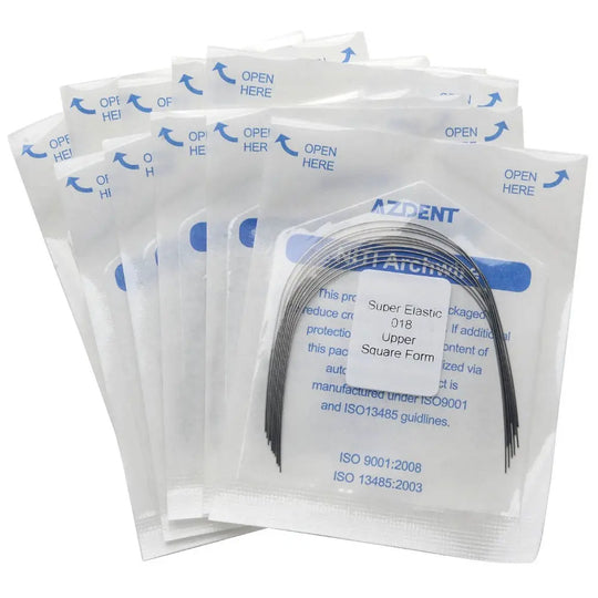 Archwire NiTi Super Elastic Square Round Full Size 10pcs/Pack displayed in sealed plastic packages with blue labeling, showing dental orthodontic wires coiled inside each transparent pouch for professional dental use