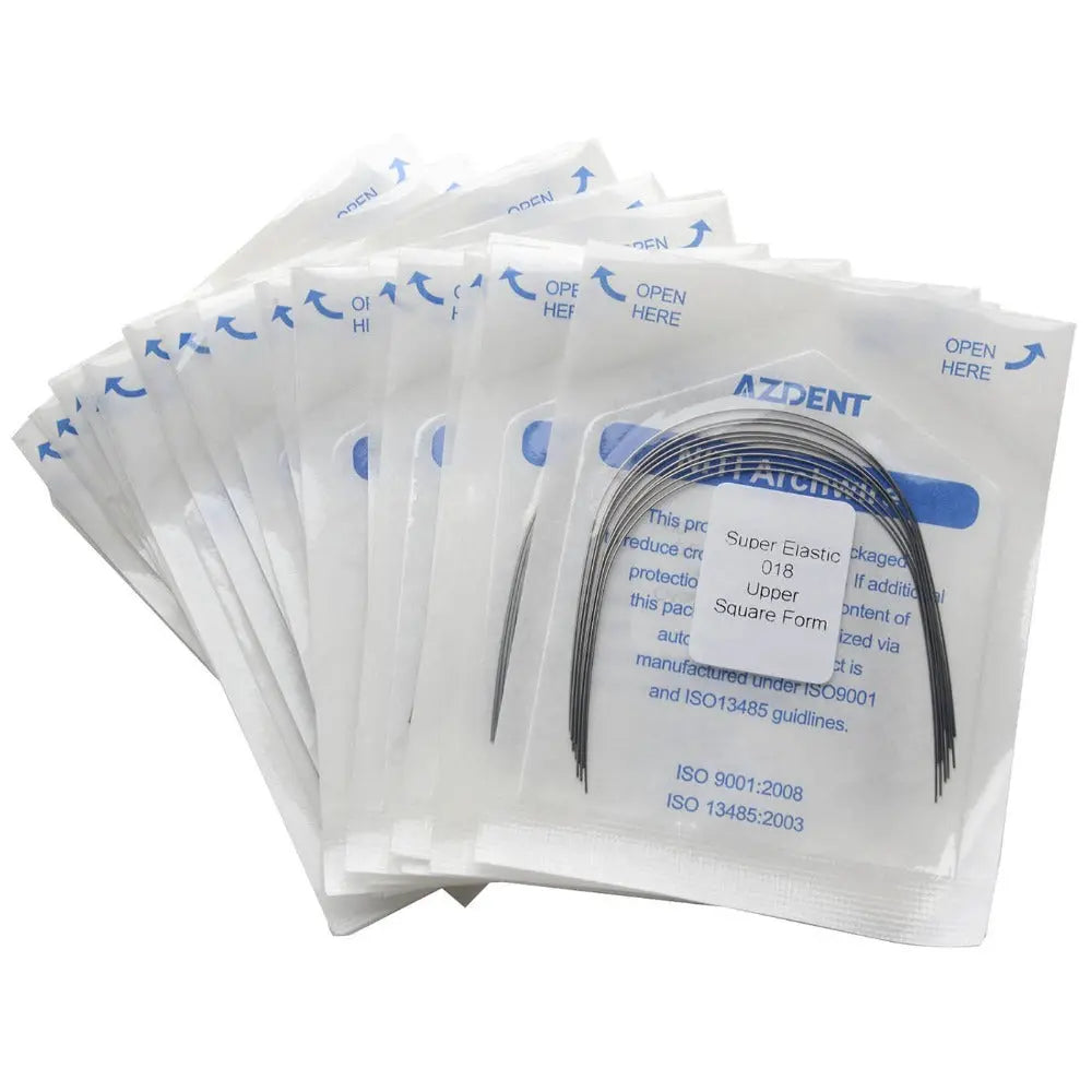 Archwire NiTi Super Elastic Square Round Full Size 10pcs/Pack: Multiple sealed packages containing dental orthodontic archwires, displayed in a fanned arrangement. Each package shows the AZDENT brand and product details printed in blue.