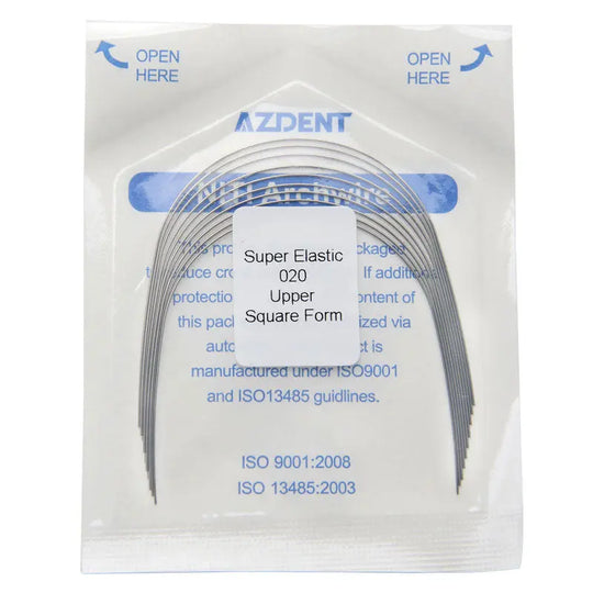 Archwire NiTi Super Elastic Square Round Full Size 10pcs/Pack: Dental orthodontic archwires in sealed package, labeled AZDENT, showing super elastic 020 upper square form wires. ISO certification details visible on packaging.