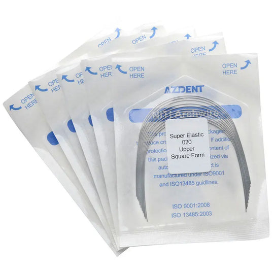 Archwire NiTi Super Elastic Square Round Full Size 10pcs/Pack displayed in sealed plastic packages with blue labeling. Multiple packages shown, featuring dental orthodontic archwires for various sizes and applications.