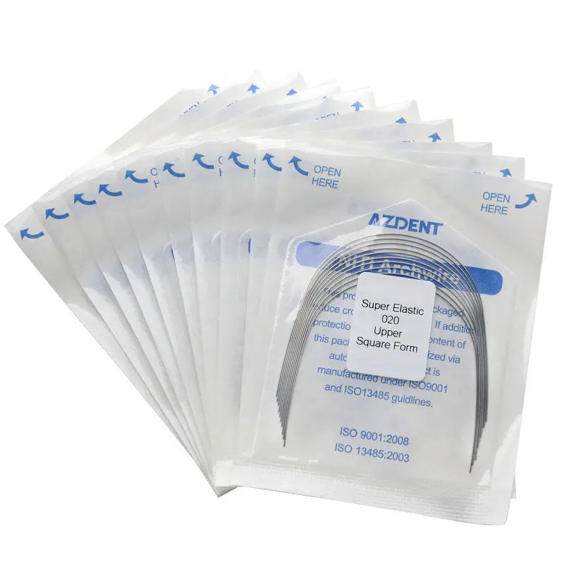 Archwire NiTi Super Elastic Square Round Full Size 10pcs/Pack: Multiple sealed packets of dental orthodontic archwires, displaying product information and branding. White packaging with blue text, showcasing high-quality NiTi super elastic dental wires for orthodontic treatments.