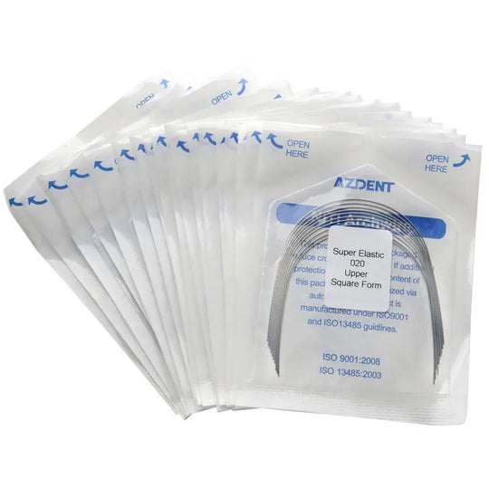 Archwire NiTi Super Elastic Square Round Full Size 10pcs/Pack: Multiple sealed packages containing dental orthodontic archwires. Visible packaging shows AZDENT brand, Super Elastic material, and square form specification. White packages with blue text and opening instructions.