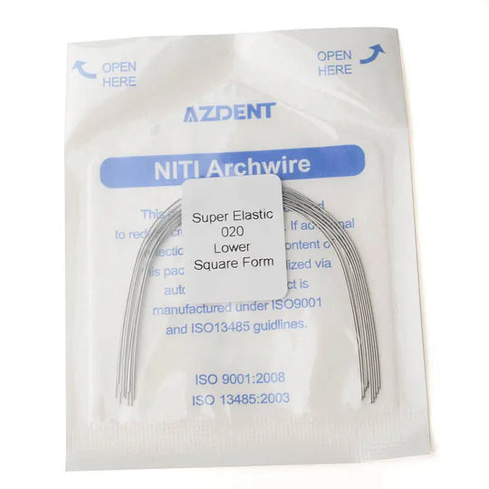 Archwire NiTi Super Elastic Square Round Full Size 10pcs/Pack: AZDENT NiTi Archwire package showing Super Elastic 020 Lower Square Form wire, with ISO certifications and opening instructions. Dental orthodontic product for professional use.