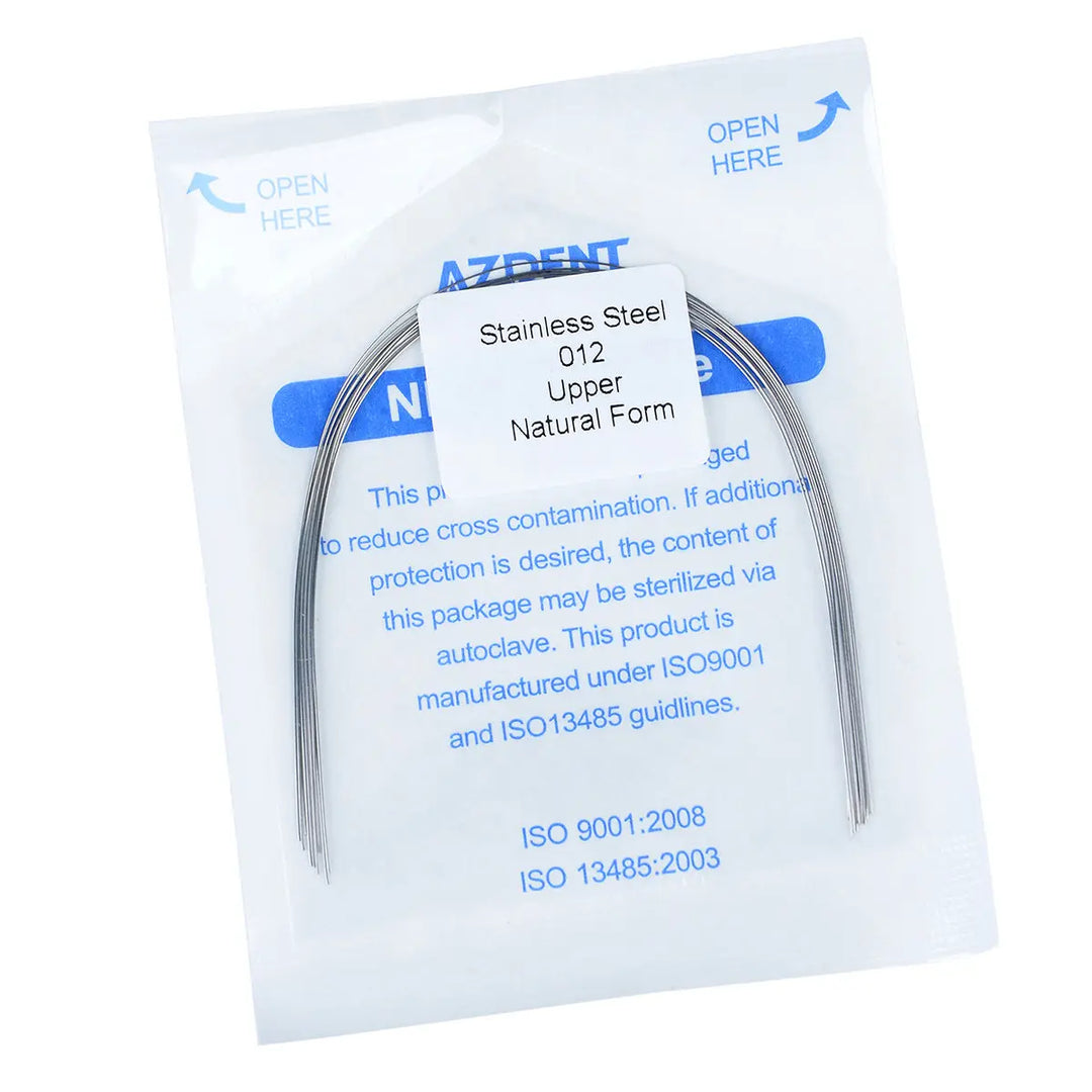 Archwire Stainless Steel Round Natural Full Size 10pcs/Pack: Sealed package containing curved dental archwire made of stainless steel, labeled with product details and ISO certifications. Blue text on white packaging indicates sterilization instructions and natural upper form.