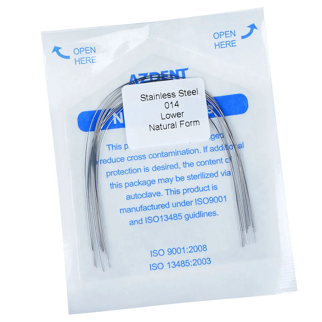 Archwire Stainless Steel Round Natural Full Size 10pcs/Pack in sealed package. AZDENT brand lower natural form archwire, 014 size. Package includes ISO certification details and sterilization instructions. Blue opening tabs visible.