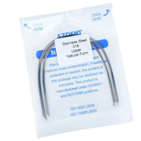 Archwire Stainless Steel Round Natural Full Size 10pcs/Pack in clear packaging. Curved metal wires visible through transparent pouch with blue "OPEN HERE" tabs and product information printed on label.