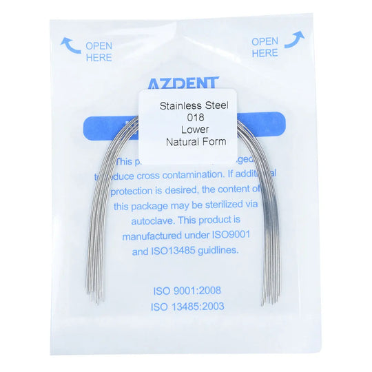 Archwire Stainless Steel Round Natural Full Size 10pcs/Pack, AZDENT brand, in sealed package. Curved wires visible through transparent packaging. Product details and sterilization information printed on label. ISO certification mentioned.