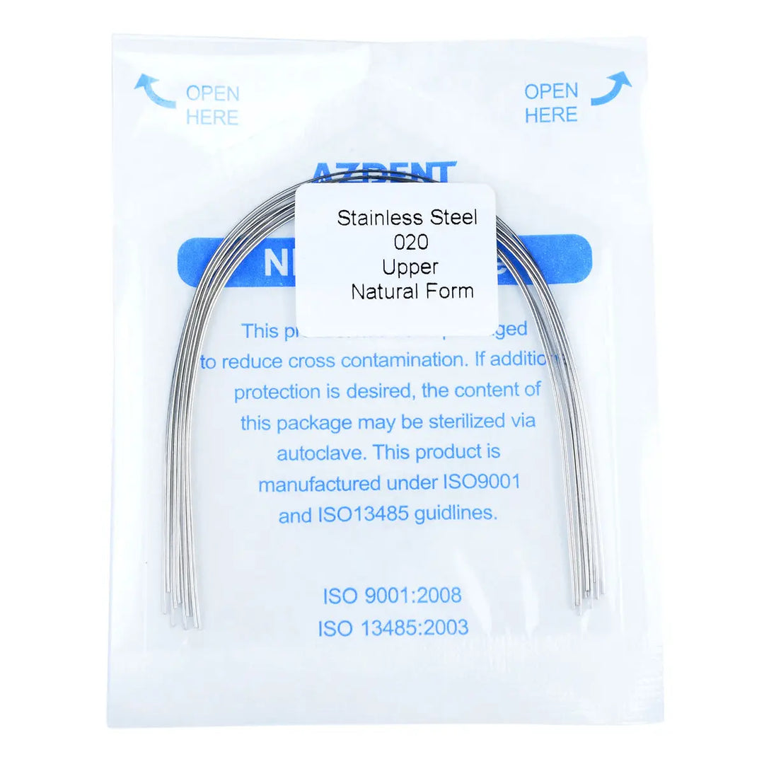 Archwire Stainless Steel Round Natural Full Size 10pcs/Pack in sealed package. Blue-labeled AZDENT product showing stainless steel 020 upper natural form wire. Package includes ISO certification information and sterilization instructions for dental use.