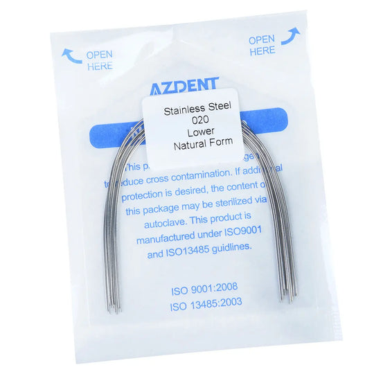 Archwire Stainless Steel Round Natural Full Size 10pcs/Pack: Sealed package of AZDENT stainless steel lower natural form archwires, 020 size. Product details and sterilization information visible on packaging. Designed for dental orthodontic procedures.