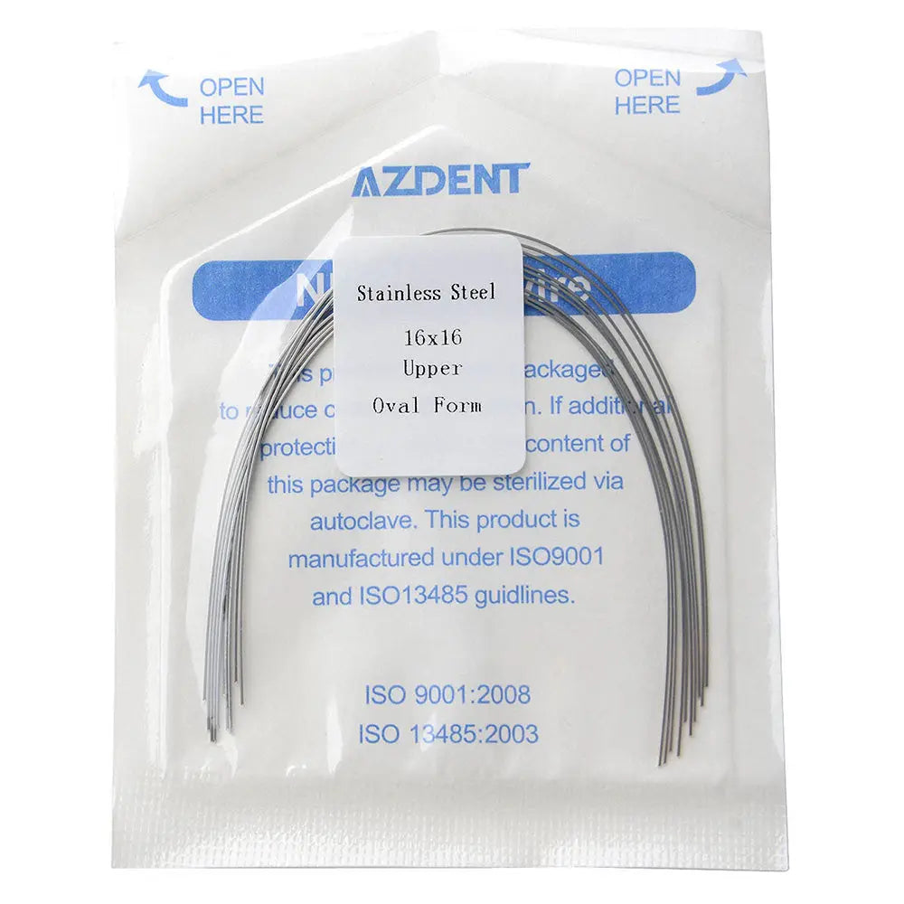 Archwire Stainless Steel Rectangular Oval Full Size 10pcs/Pack - AZDENT brand package containing curved stainless steel dental archwires for upper teeth, 16x16 size, oval form, sterilizable via autoclave, compliant with ISO standards for orthodontic use