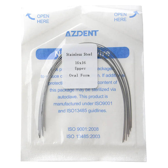 Archwire Stainless Steel Rectangular Oval Full Size 10pcs/Pack - AZDENT brand package containing curved stainless steel dental archwires for upper teeth, 16x16 size, oval form, sterilizable via autoclave, compliant with ISO standards for orthodontic use