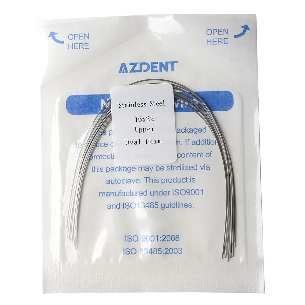 Archwire Stainless Steel Rectangular Oval Full Size 10pcs/Pack in AZDENT packaging. Close-up of sealed dental product package showing curved stainless steel wires and product information. Blue text indicates sterilization and manufacturing standards.