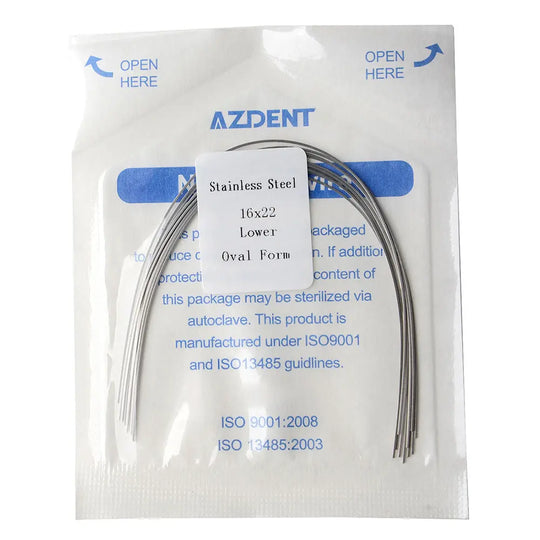 Archwire Stainless Steel Rectangular Oval Full Size 10pcs/Pack in sealed AZDENT packaging, showing curved wires and product details. Sterile dental orthodontic supplies for professional use, with ISO certification information visible on the package.