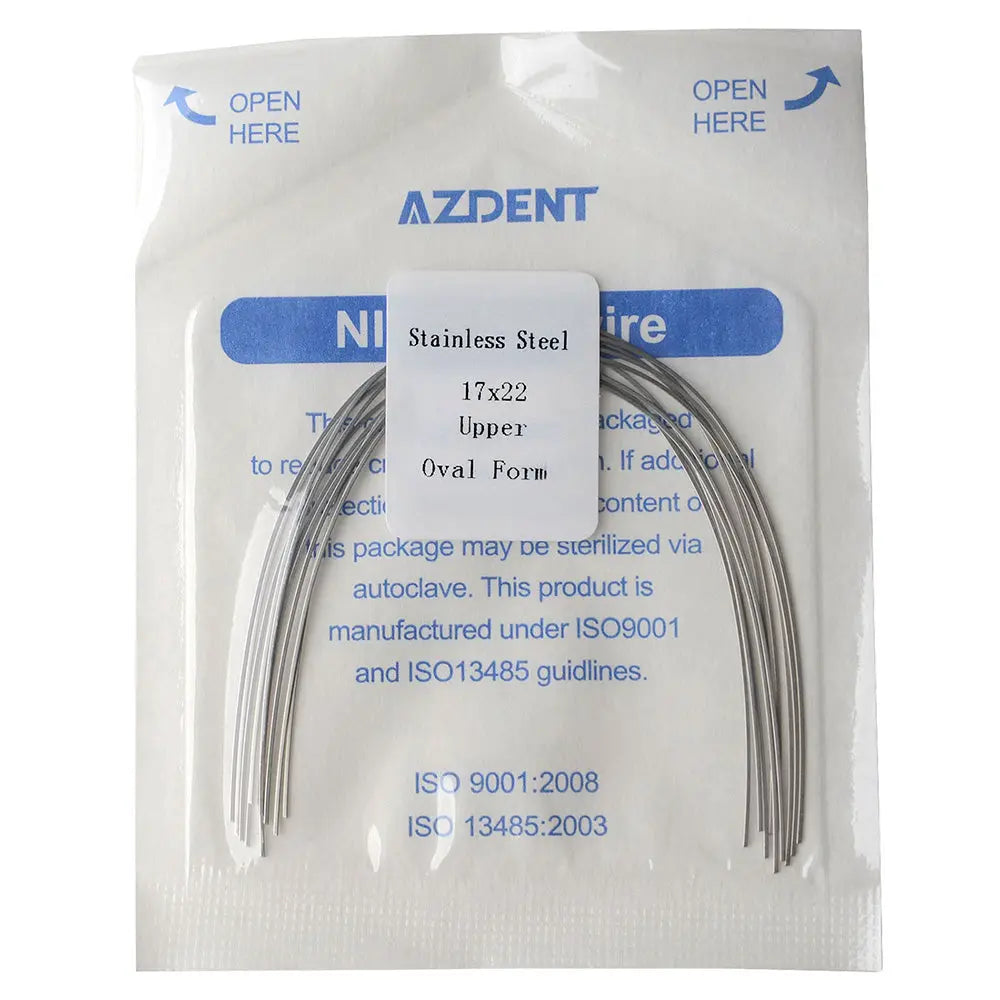 Archwire Stainless Steel Rectangular Oval Full Size 10pcs/Pack in sealed AZDENT package. Close-up of curved wires visible through transparent packaging. Product details and sterilization information printed on package in blue text.