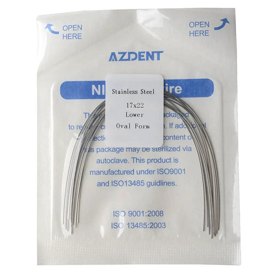 Archwire Stainless Steel Rectangular Oval Full Size 10pcs/Pack in sealed AZDENT package, showing curved wires for dental use, with product details and ISO certification information printed on the packaging