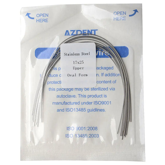 Archwire Stainless Steel Rectangular Oval Full Size 10pcs/Pack - Sealed package of AZDENT stainless steel archwires, 17x25 upper oval form, for orthodontic use. Package displays product details and sterilization information.