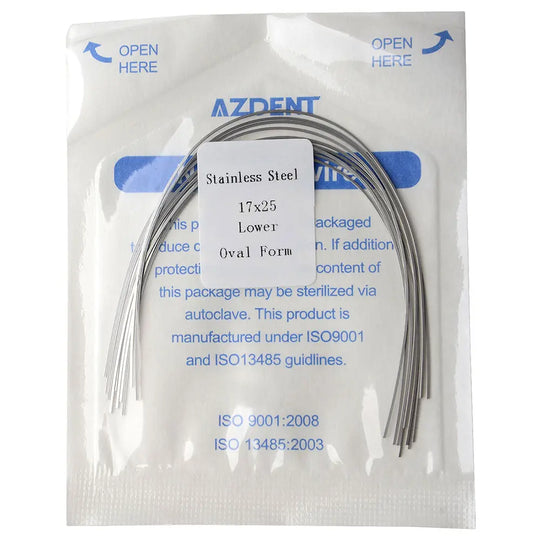 Archwire Stainless Steel Rectangular Oval Full Size 10pcs/Pack in sealed package. AZDENT brand, 17x25 Lower Oval Form, medical-grade sterilizable product with ISO certifications. Curved wires visible through transparent packaging.