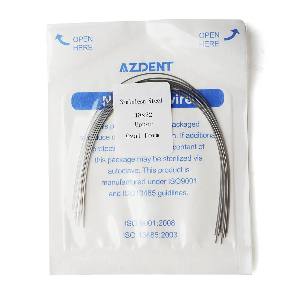 Archwire Stainless Steel Rectangular Oval Full Size 10pcs/Pack in sterile packaging. AZDENT branded stainless steel oval form archwire for upper teeth, 18x22 size, displayed in clear plastic package with blue text indicating opening instructions and product details.