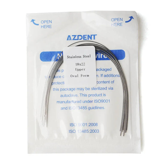 Archwire Stainless Steel Rectangular Oval Full Size 10pcs/Pack in sterile packaging. AZDENT branded stainless steel oval form archwire for upper teeth, 18x22 size, displayed in clear plastic package with blue text indicating opening instructions and product details.