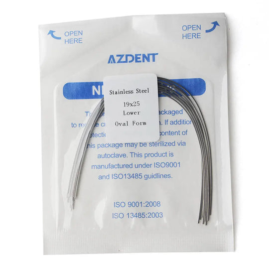 Archwire Stainless Steel Rectangular Oval Full Size 10pcs/Pack in sealed package. AZDENT brand dental product, showing curved wires and product details including ISO certifications. Designed for orthodontic use with superior strength and flexibility.