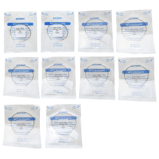 Archwire Niti Reverse Curve Round Full Size 2pcs/Pack: Multiple sealed packages of dental orthodontic archwires arranged in rows, featuring blue labels and transparent packaging showing curved wires inside.