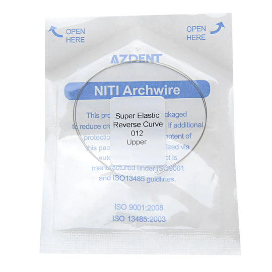 Archwire Niti Reverse Curve Round Full Size 2pcs/Pack: Sealed package of AZDENT NiTi archwire, super elastic reverse curve for upper teeth, with ISO certifications visible. Product for dental orthodontic treatment.