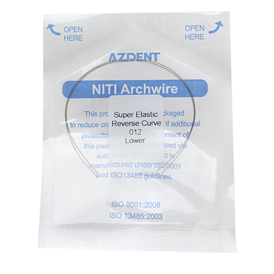 Archwire Niti Reverse Curve Round Full Size 2pcs/Pack: Sealed package of AZDENT NITI Archwire, super elastic reverse curve for lower teeth, ISO certified dental orthodontic product with clear labeling and specifications