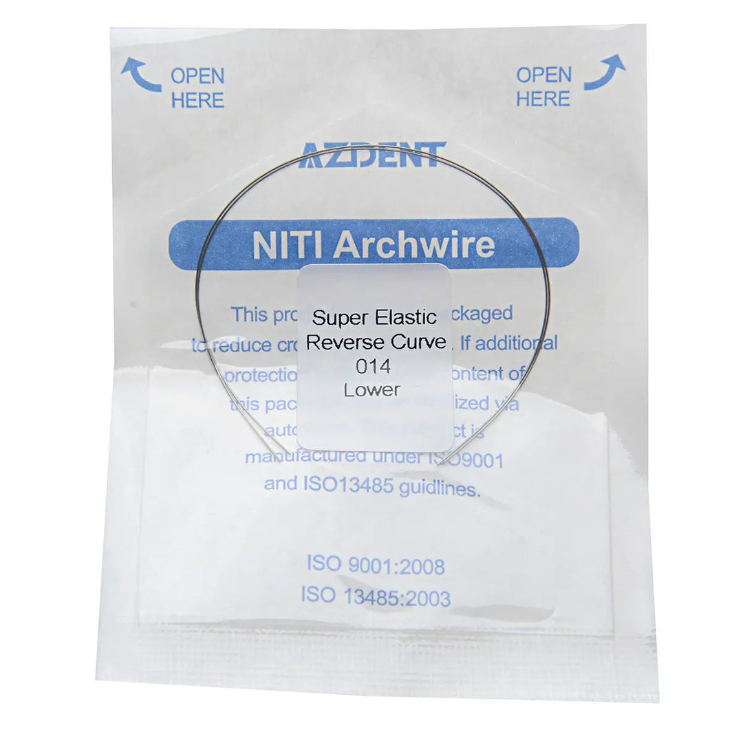 Archwire Niti Reverse Curve Round Full Size 2pcs/Pack: NITI Archwire in sealed package, showing super elastic reverse curve design for dental orthodontic treatment. Product details and ISO certifications visible on packaging.