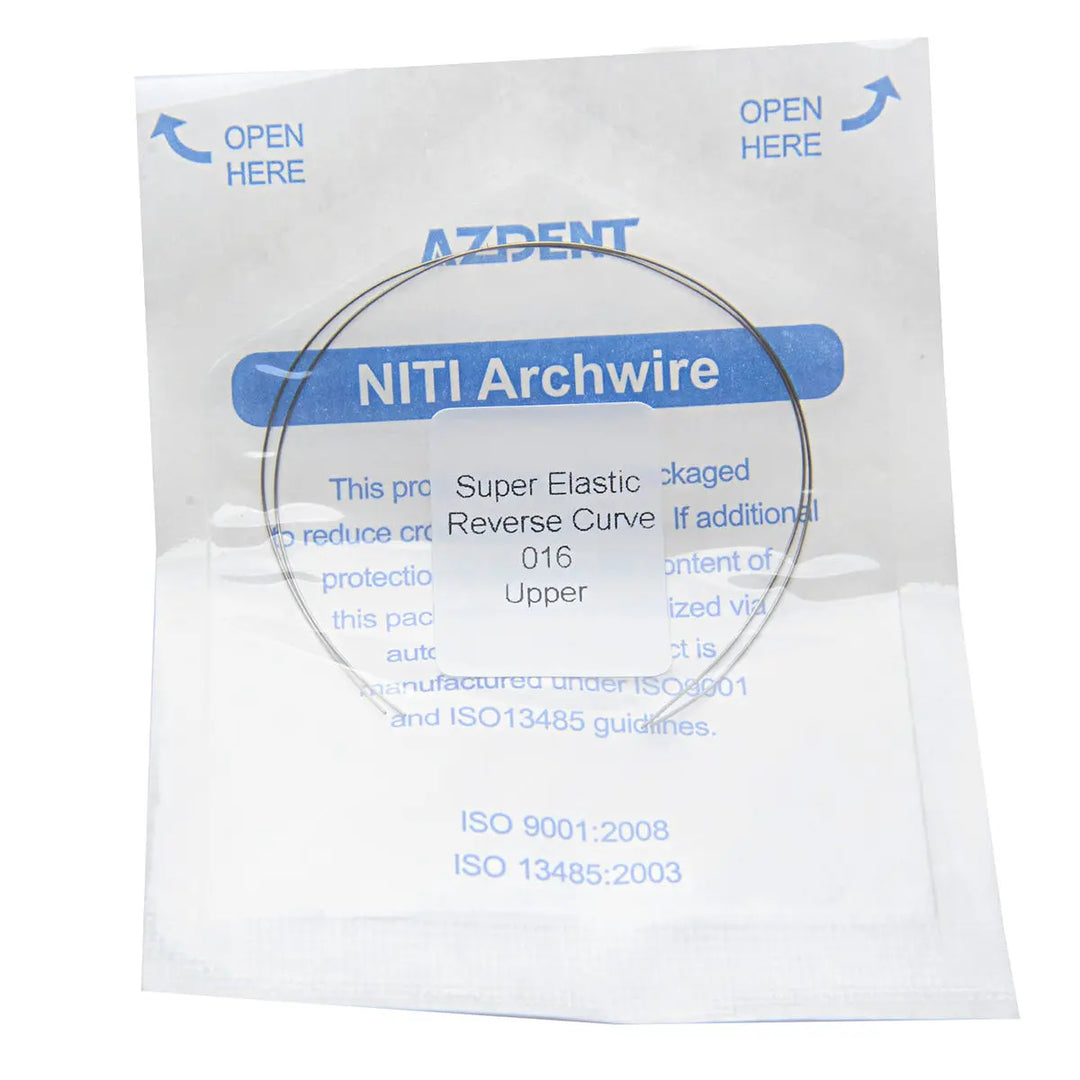 Archwire Niti Reverse Curve Round Full Size 2pcs/Pack: Dental orthodontic NITI archwire in packaging, showing product details and ISO certifications. Circular wire visible, with blue labeling indicating "NITI Archwire" and "Super Elastic Reverse Curve" for dental treatments.