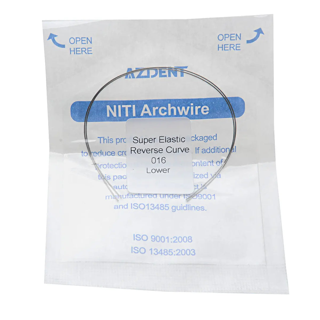 Archwire Niti Reverse Curve Round Full Size 2pcs/Pack: Dental orthodontic NITI archwire in packaging, showing product details and ISO certifications. Curved wire visible through transparent section of package.