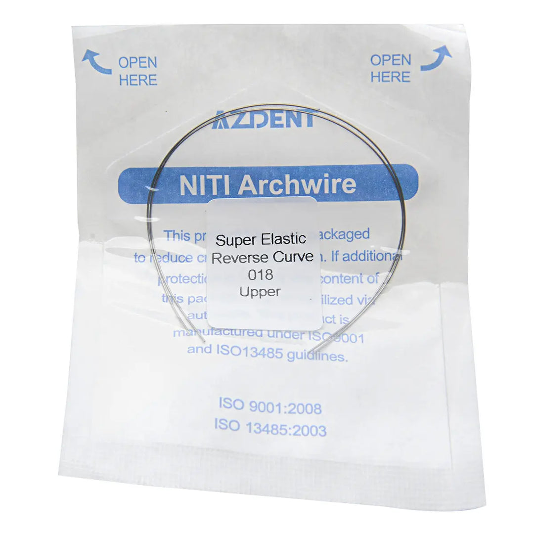 Archwire Niti Reverse Curve Round Full Size 2pcs/Pack - Dental orthodontic NITI Archwire in sealed package, showing product details including super elastic properties, reverse curve design, and ISO certifications for dental use.