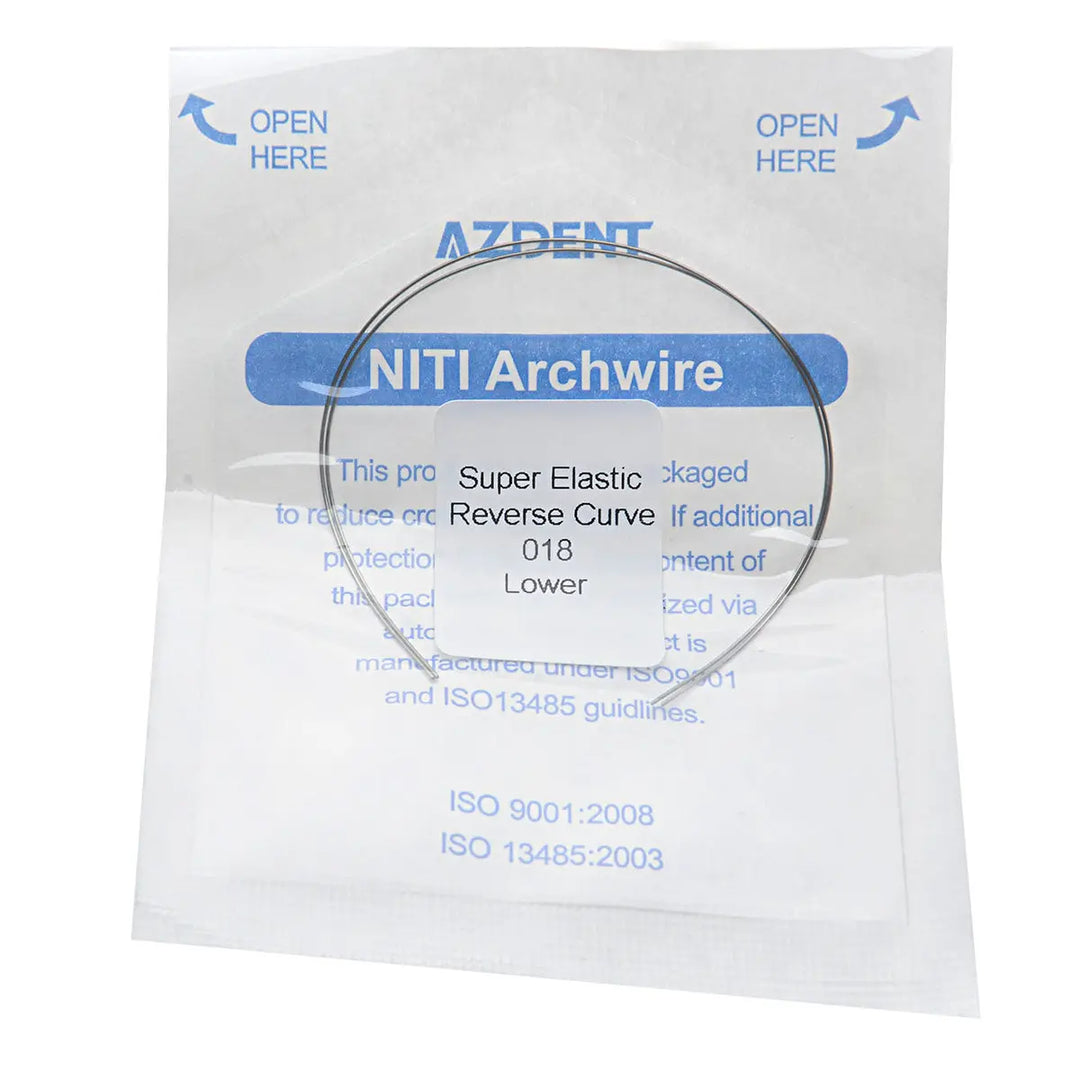 Archwire Niti Reverse Curve Round Full Size 2pcs/Pack: NITI Archwire in sealed packaging. Super elastic reverse curve wire for orthodontic treatment. Product details visible on package, including material type and size.