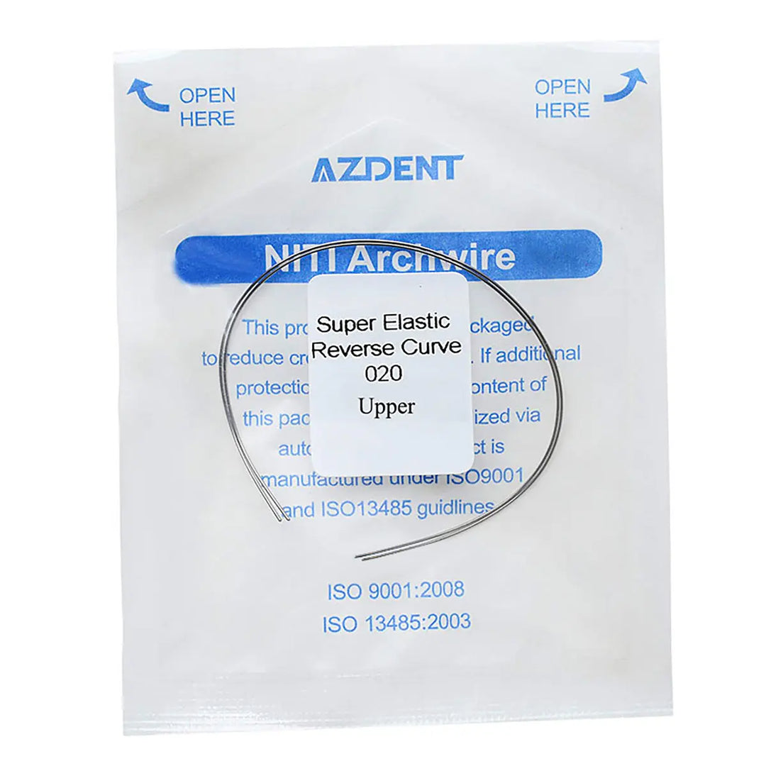 Archwire Niti Reverse Curve Round Full Size 2pcs/Pack - AZDENT NiTi archwire package showing super elastic reverse curve wire for upper teeth, with ISO certification labels and opening instructions